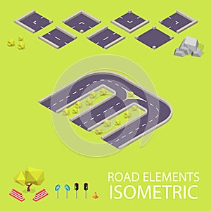 Road elements isometric. Road font. Letter M