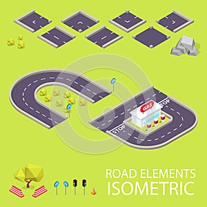 Road elements isometric. Road font. Letters C and