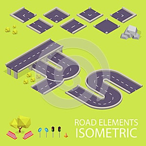 Road elements isometric. Road font. Letters R and