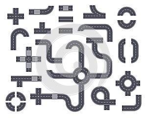 Road elements. Top view highway with footpath, ring road, crossroad, curved path. Asphalt street parts with markings for