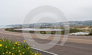 Road entering Solana Beach, CA on a foggy morning