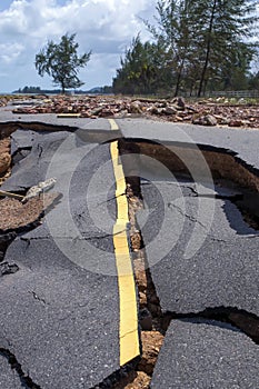 Road erosion caused by waves and severe storms