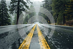 Road in the fallforest in rain