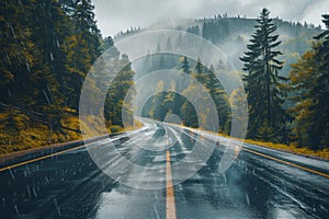 Road in the fallforest in rain