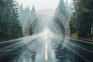 Road in the fallforest in rain