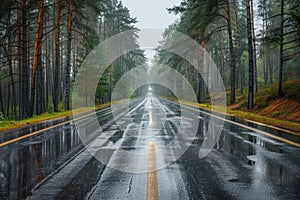 Road in the fallforest in rain