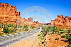 Road through famous Arch National Park, Utah, USA