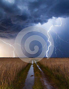 A road in a field after a storm with a view of lightning.