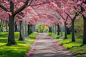 A road flanked by trees adorned with pink flowers creating a stunning natural landscape, Alley lined with flowering dogwood trees