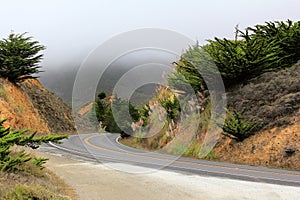 Road in the fog leading to Half Moon Bay