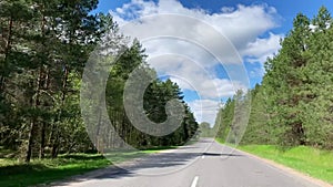 Road, footpath surrounded by forest trees. Wilderness and exploration, travelling by car, start journey. Digital detox