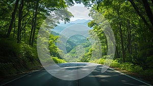 Road in forest in day in spring. Beautiful mountain curved roadway, trees with green foliage in fog and overcast sky