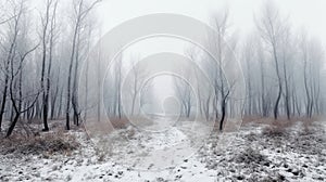 Road in a forest on a misty winter day. Trees in a snowy park after blizzard. Generative AI