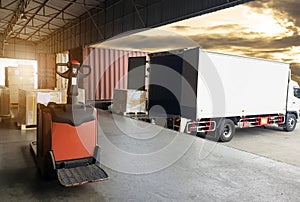 Road freight truck transportation and shipment cargo warehouse.