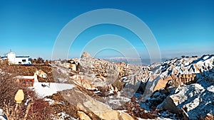 Road with full of ice on a sunny day in winter season in Cappadocia.