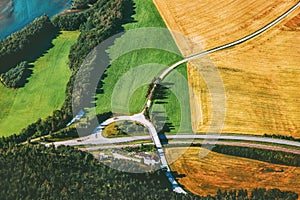 Road and geometric fields aerial view rural Landscape