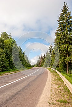 The road goes into the distance. Spruce forest and blue sky with clouds.