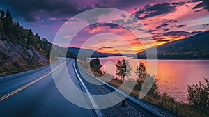 a road going down a hill next to a lake