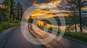 a road going down a hill next to a lake