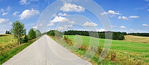 Road among green fields, blue sky and white clouds