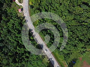 Road through green forest Aerial view of car passing through forest