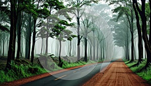 A Road In The Green Forest Misty Morning Trees For Background