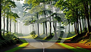 A Road In The Green Forest Misty Morning Trees For Background