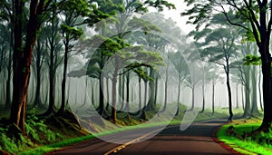 A Road In The Green Forest Misty Morning Trees For Background