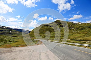 Road green mountains landscape hills blue sky summer Norway travel empty highway nature asphalt mountain hill rural way beautiful