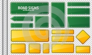 Road green and yellow traffic sign. Blank board with place for text.Mockup. Isolated information sign. Direction. Vector