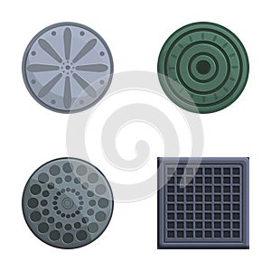 Road hatch icons set cartoon vector. Road manhole of various shape and color