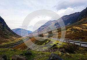 A road on Highland mountains in Glen Coe, Scotland