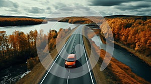 road highway autumn forest. the car is driving on the road