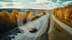 road highway autumn forest. the car is driving on the road