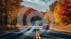 road highway autumn forest. the car is driving on the road