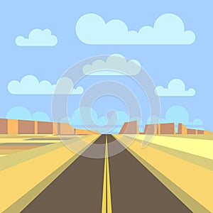 Road, highway and mountain landscape background. Vector flat illustration