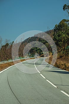 Road through hilly landscape with dry bushes and trees