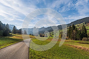 Toggenburg region in Switzerland with farmhouses, green meadows and pastures, Mt. Speer in the background photo