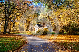 Road and a house in Verkiai regional park