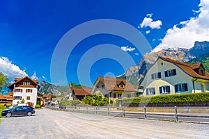 Road and houses near the mountains in Vaduz, Oberland Liechtenstein