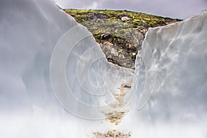 Road in the Ice with Green Volcanic Moss in Landmannalaugar, Iceland