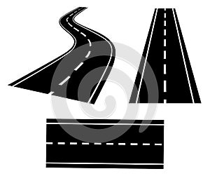 Road icon. Set with road, highway, straight and curved into perspective. Vector illustration is isolated on white
