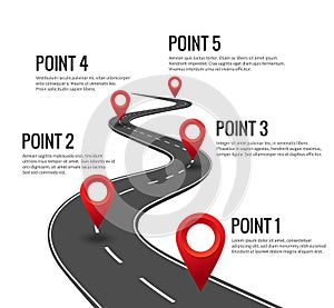 Road infographic. Curved road timeline with red pins checkpoint. Strategy journey highway with milestones concept