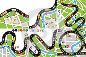 Road Infographic. Set A winding road with markers on the maps of the area. The path is indicated by the navigator