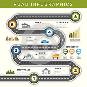 Road infographic. Timeline with point map business workflow graphic vector template