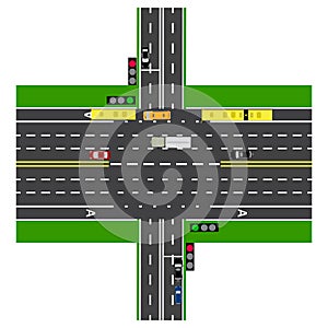 Road infographics. Large highway intersection with the road. With the cars and traffic lights.