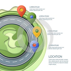 Road infographics, location and GPS navigation. Vector illustration of pin map symbol, waypoint marker on the roundabout