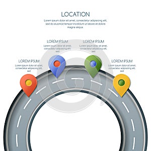Road infographics, location and GPS navigation. Vector illustration of pin map symbol, waypoint marker on the roundabout
