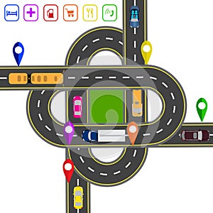 Road infographics. Noted on various objects map. Abstract transportation hub. The intersections of various roads