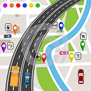 Road infographics. Slight bend in the road with markers on the map terrain. The path specifies the navigator